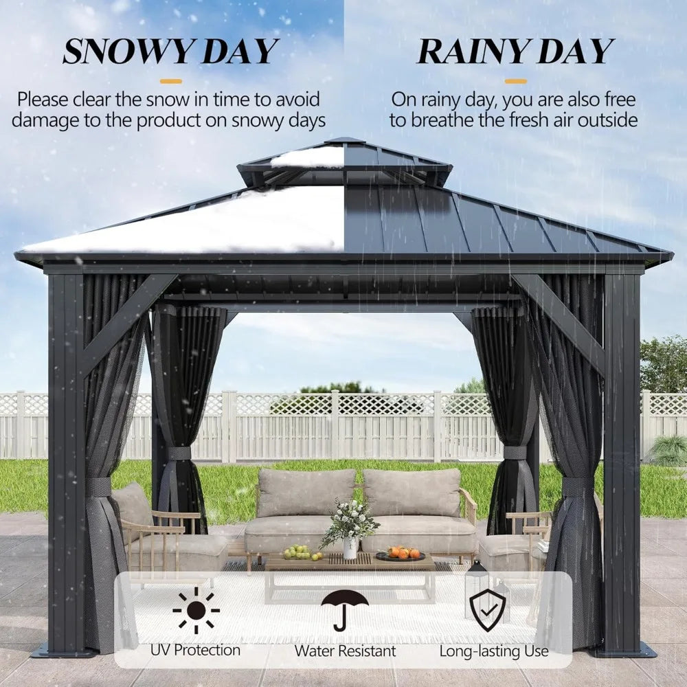 9.5 x 9.5 FT Hardtop Double Roof Galvanized Steel Top Gazebo with Breathable Netting & Curtain