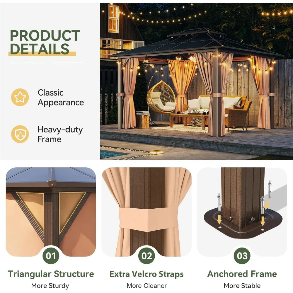 10'x12' Hardtop Gazebo, Aluminum Frame Permanent Pavilion