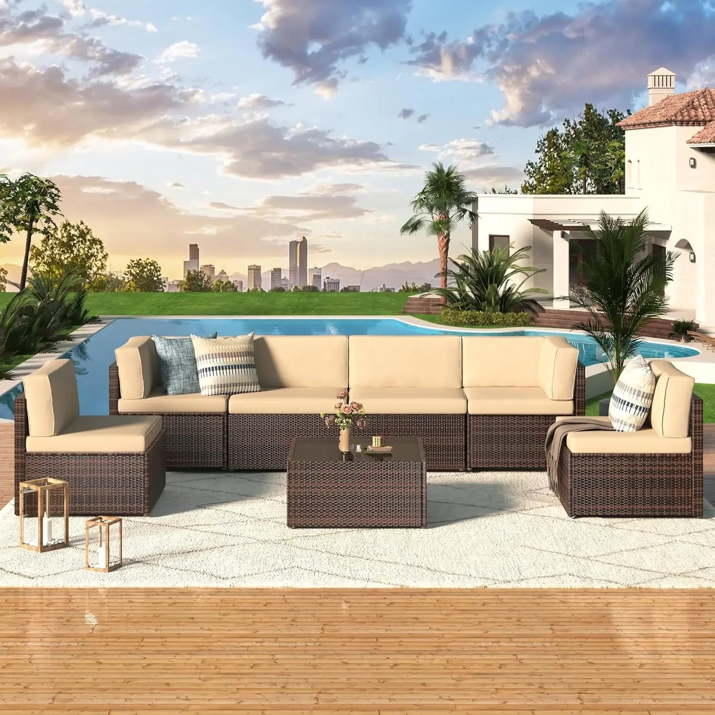 Outdoor Grey Wicker Patio Furniture, Sectional with Chairs and Cushions