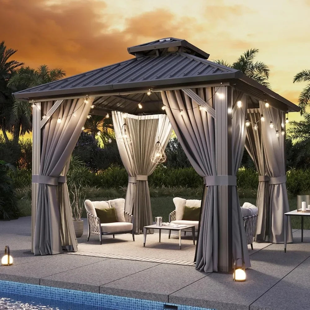 10'x10' Hardtop Gazebo, Aluminum Frame Canopy with Netting