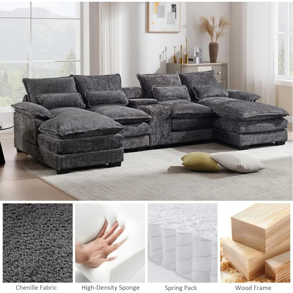 U Shaped Sectional Sofa with Console Cupholders