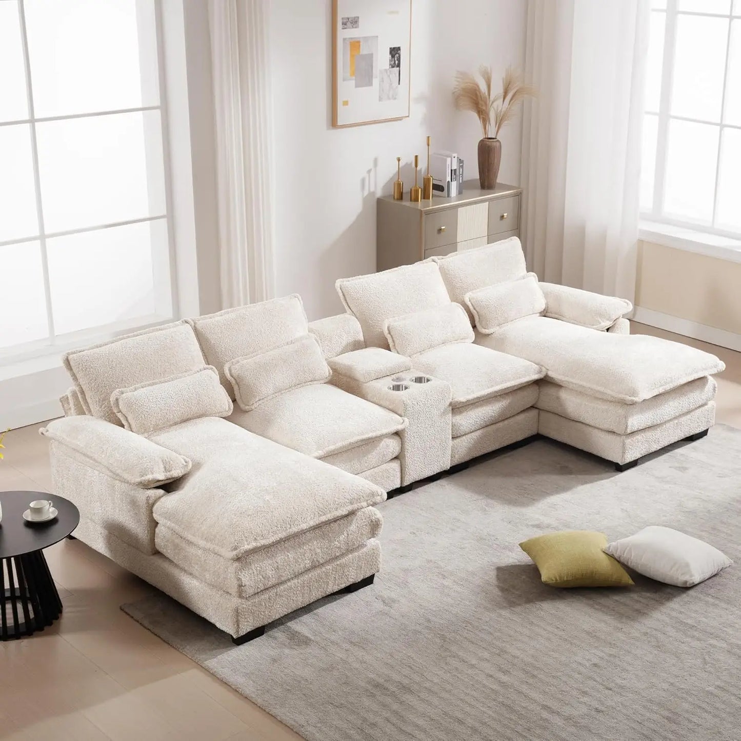 U Shaped Sectional Sofa with Console Cupholders