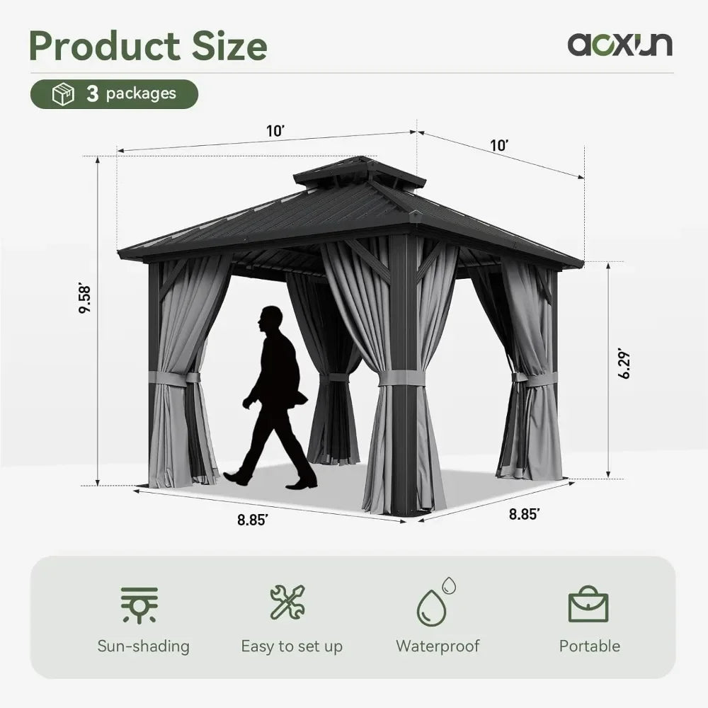 10'x10' Hardtop Gazebo, Aluminum Frame Canopy with Netting