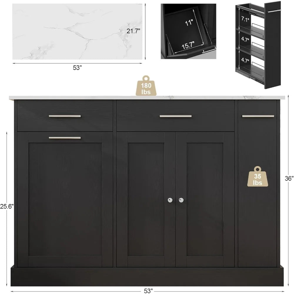 Kitchen Island with Trash Can Storage and Marble Countertop