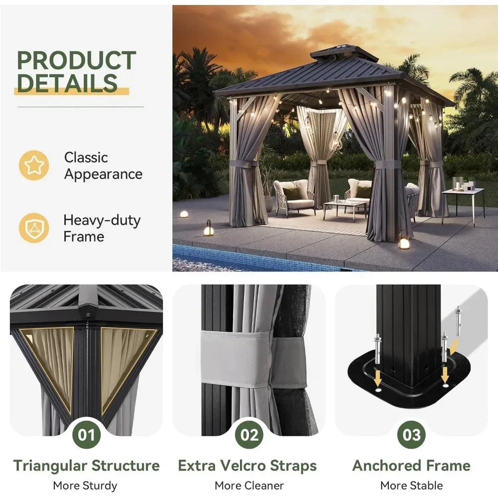 10'x10' Hardtop Gazebo, Aluminum Frame Canopy with Netting