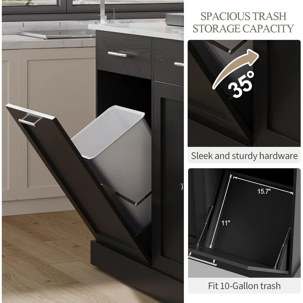Kitchen Island with Trash Can Storage and Marble Countertop
