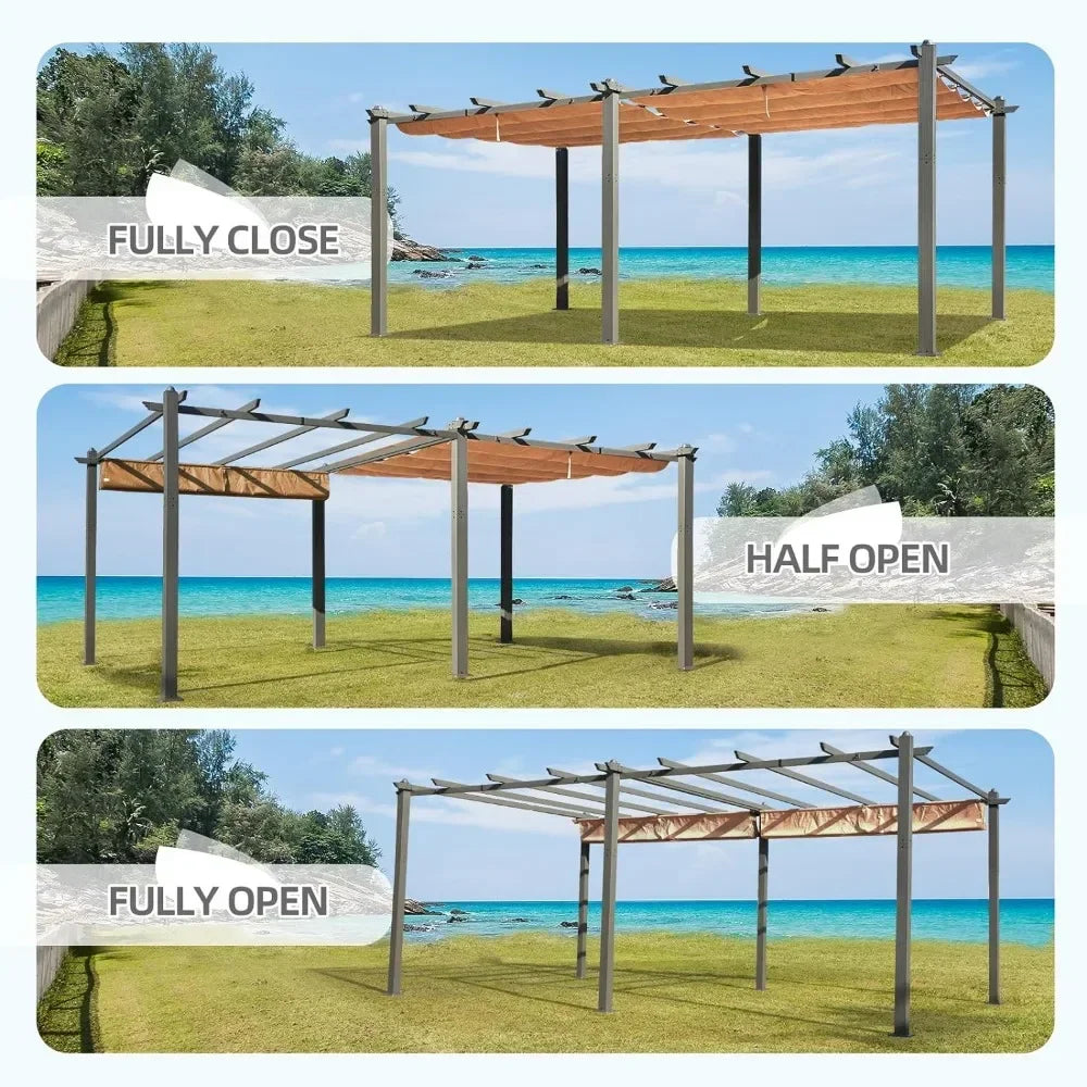 12 x 20 FT Aluminum Pergola with Retractable Canopy and Adjustable Sun Shade