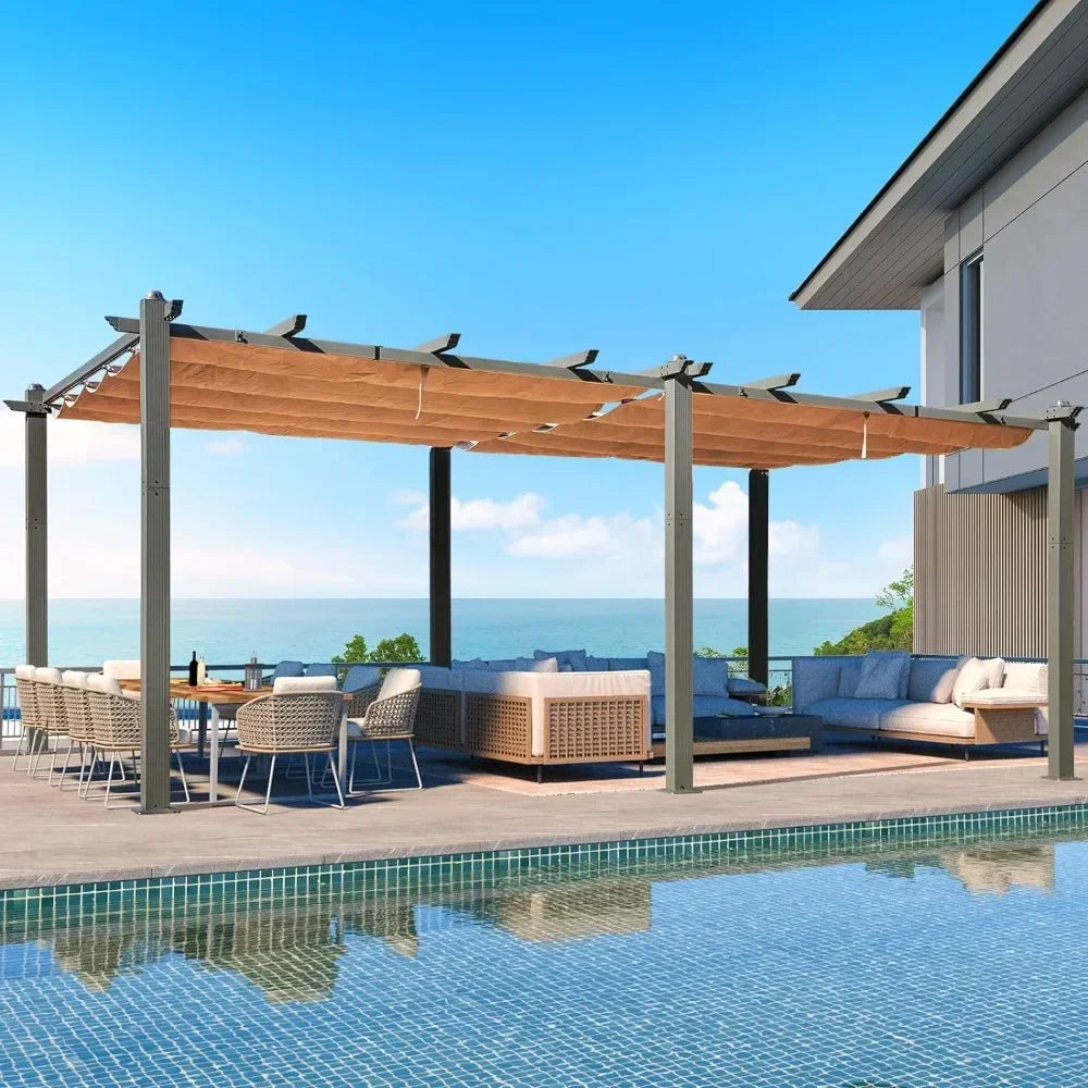 12 x 20 FT Aluminum Pergola with Retractable Canopy and Adjustable Sun Shade