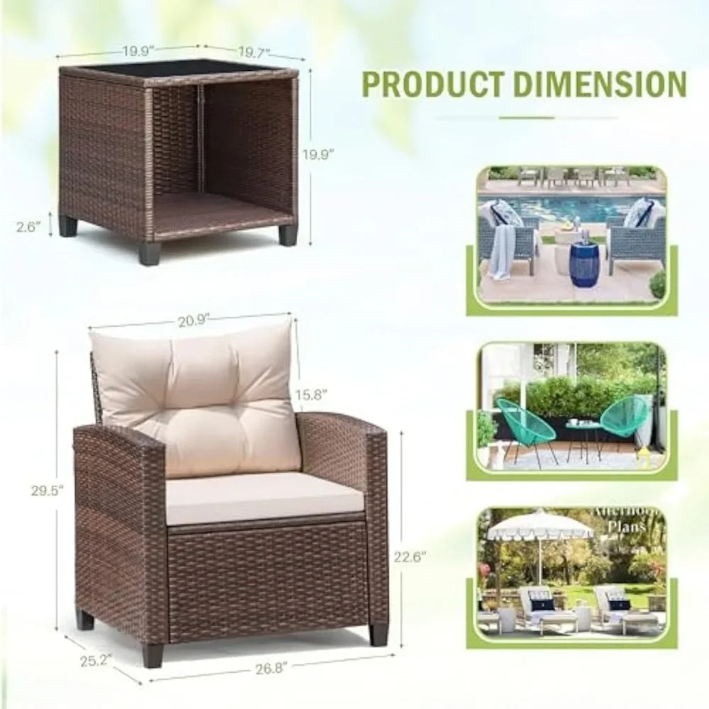 3 Pieces Patio Furniture, Rattan Wicker with Chairs and Table