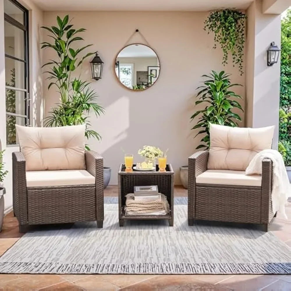 3 Pieces Patio Furniture, Rattan Wicker with Chairs and Table