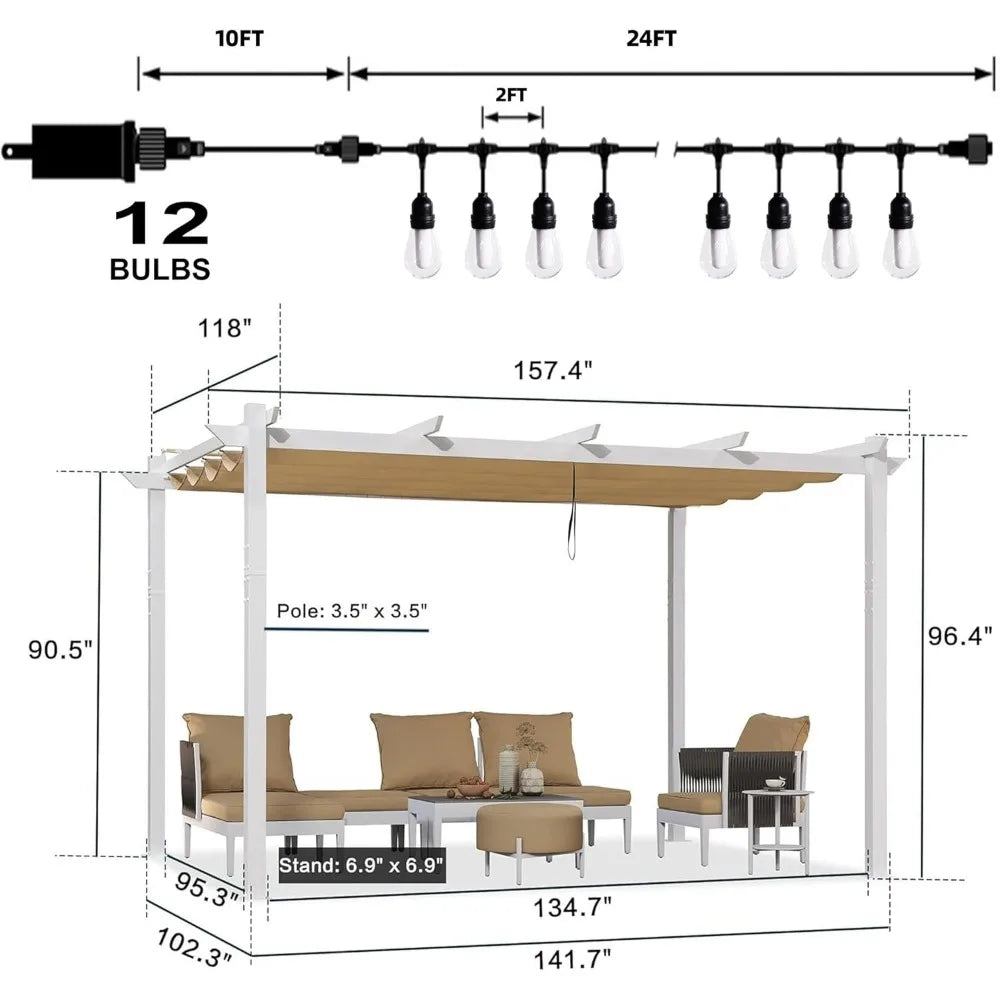 10' x 13' Outdoor Aluminum Retractable Pergola with Sun Shade Canopy and String Lights