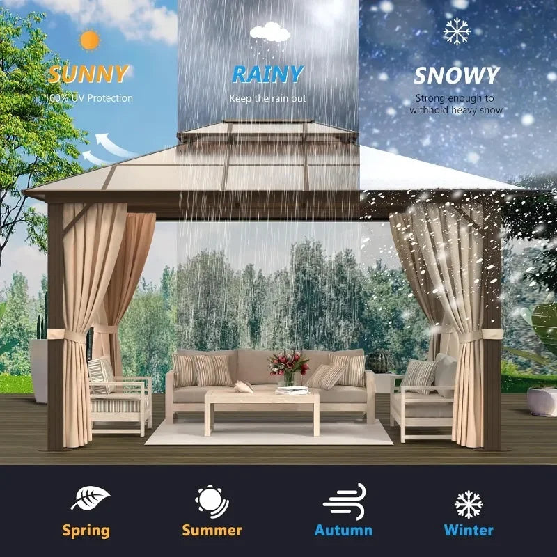 10'x12' Hardtop Double Roof Gazebo with Curtains, Aluminum Frame, Permanent