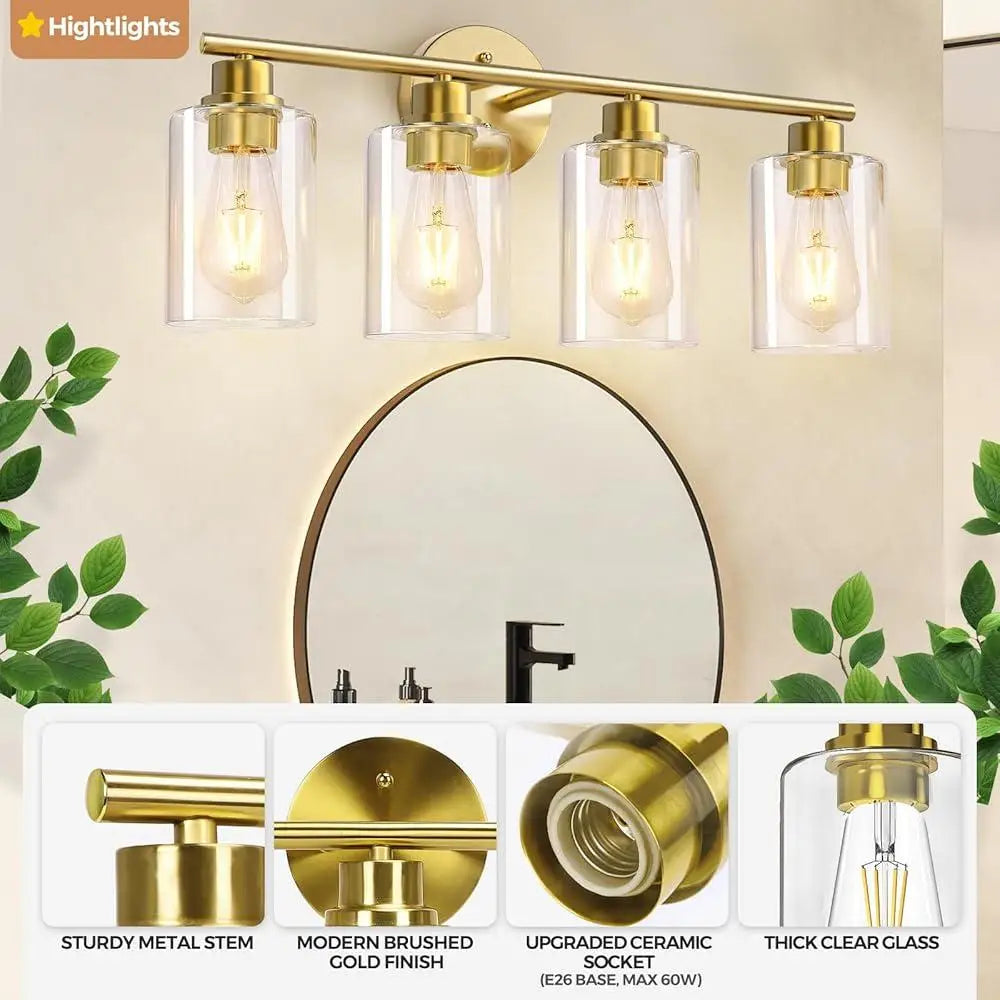 4-Light Brushed Gold Bathroom Vanity Light Fixtures