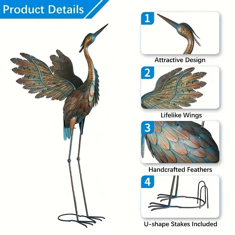 Rustic Metal Garden Crane Statues, Bird Sculptures