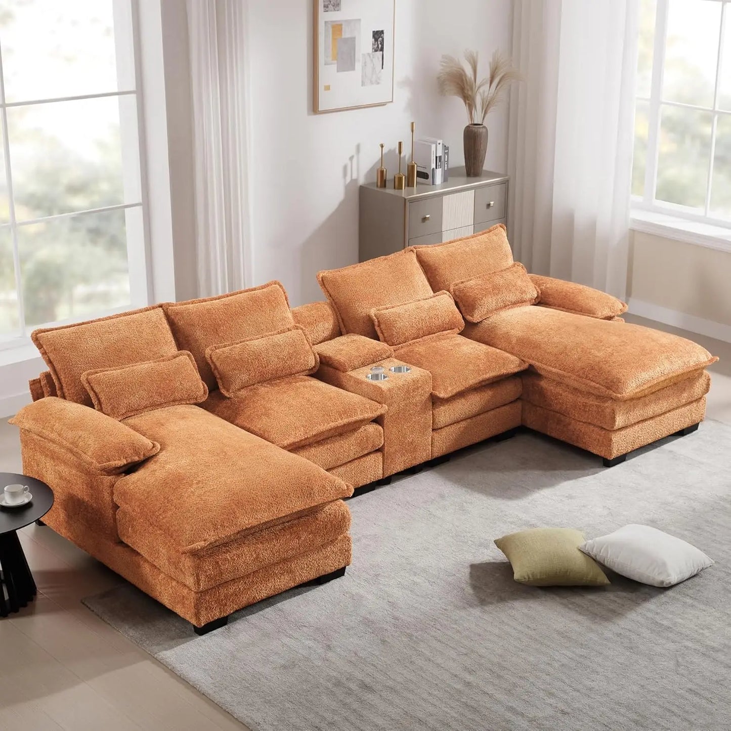 U Shaped Sectional Sofa with Console Cupholders