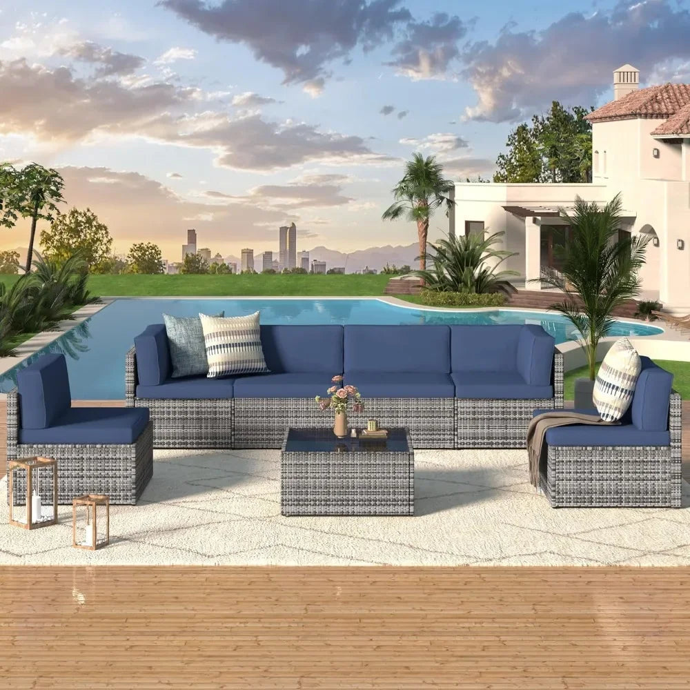Outdoor Grey Wicker Patio Furniture, Sectional with Chairs and Cushions