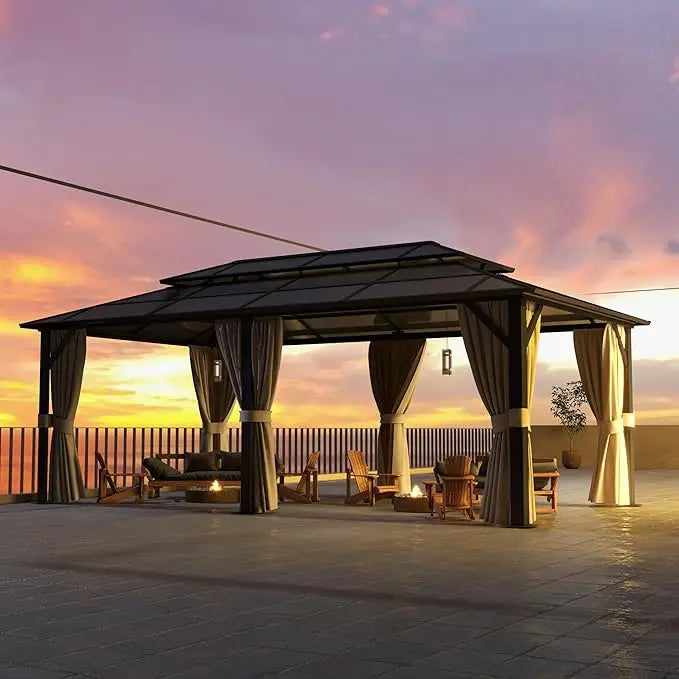 12'x16' Hardtop Gazebo, Outdoor Polycarbonate Double Roof Canopy, Aluminum Frame Pavilion with Curtains and Netting, Sunshade