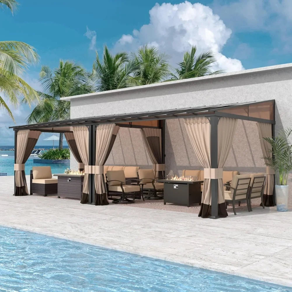 10' x 24' Outdoor Wall Mounted Hardtop Pergola with Sloping Sun Panel