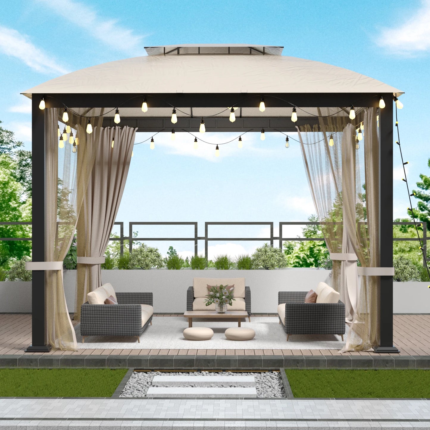 10' x 12' Soft-top Metal Gazebo with Heavy Duty Double Roof