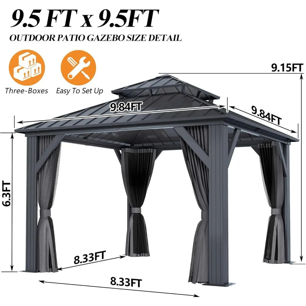 9.5 x 9.5 FT Hardtop Double Roof Galvanized Steel Top Gazebo with Breathable Netting & Curtain