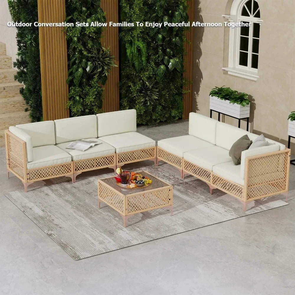 Outdoor Patio Set, Sectional Furniture with Glass Table and Cushions