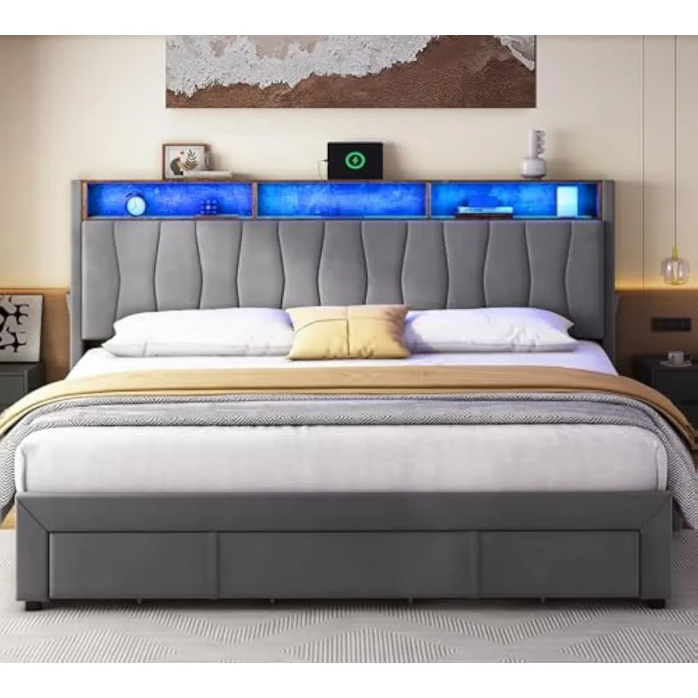 LED King Bed Frame with Storage