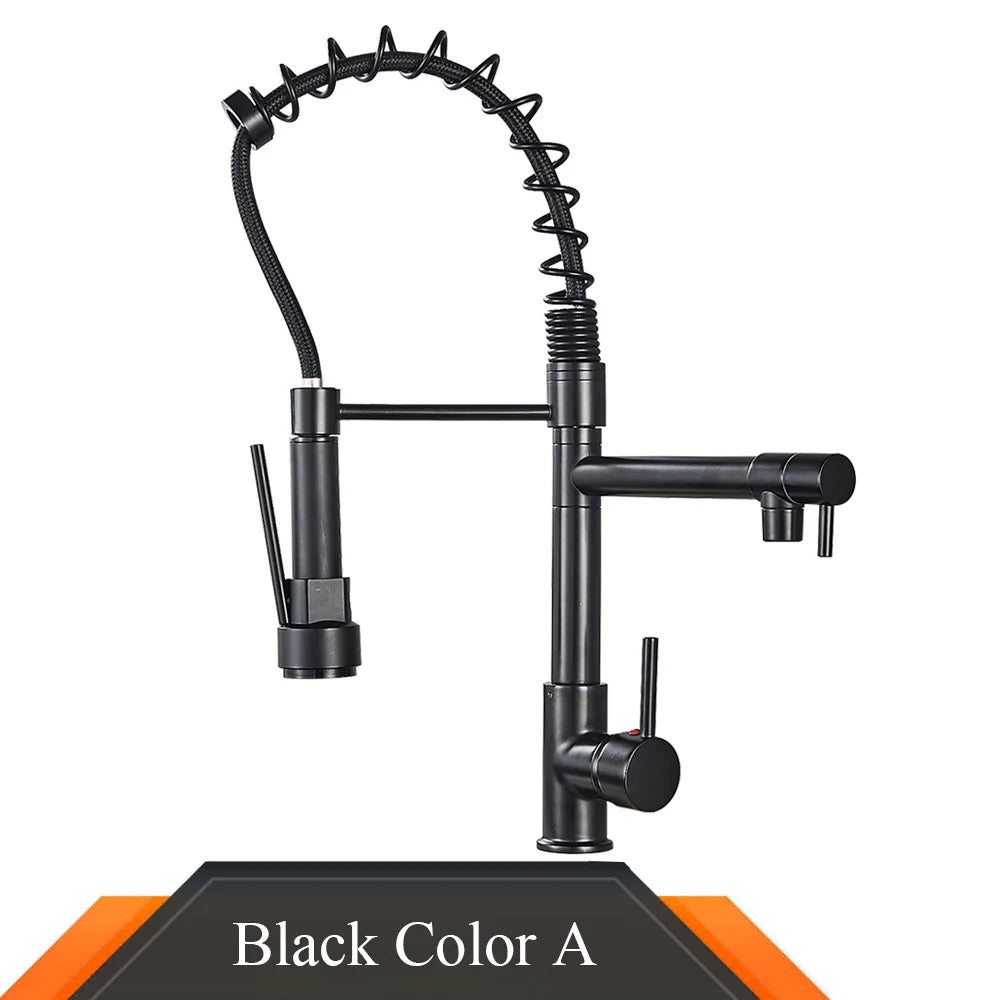 Black and Rose Golden Spring Pull Down Kitchen Sink Faucet, Dual Spout