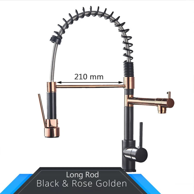 Black and Rose Golden Spring Pull Down Kitchen Sink Faucet, Dual Spout