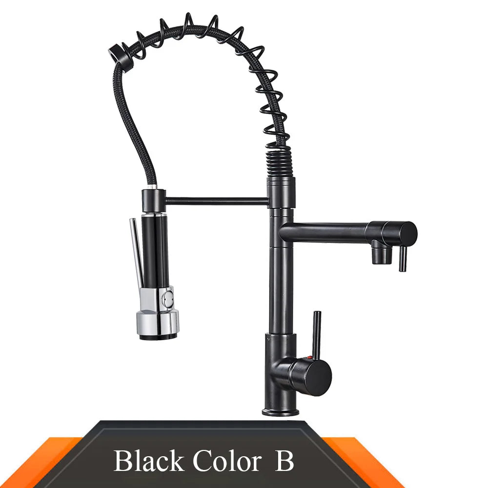 Black and Rose Golden Spring Pull Down Kitchen Sink Faucet, Dual Spout