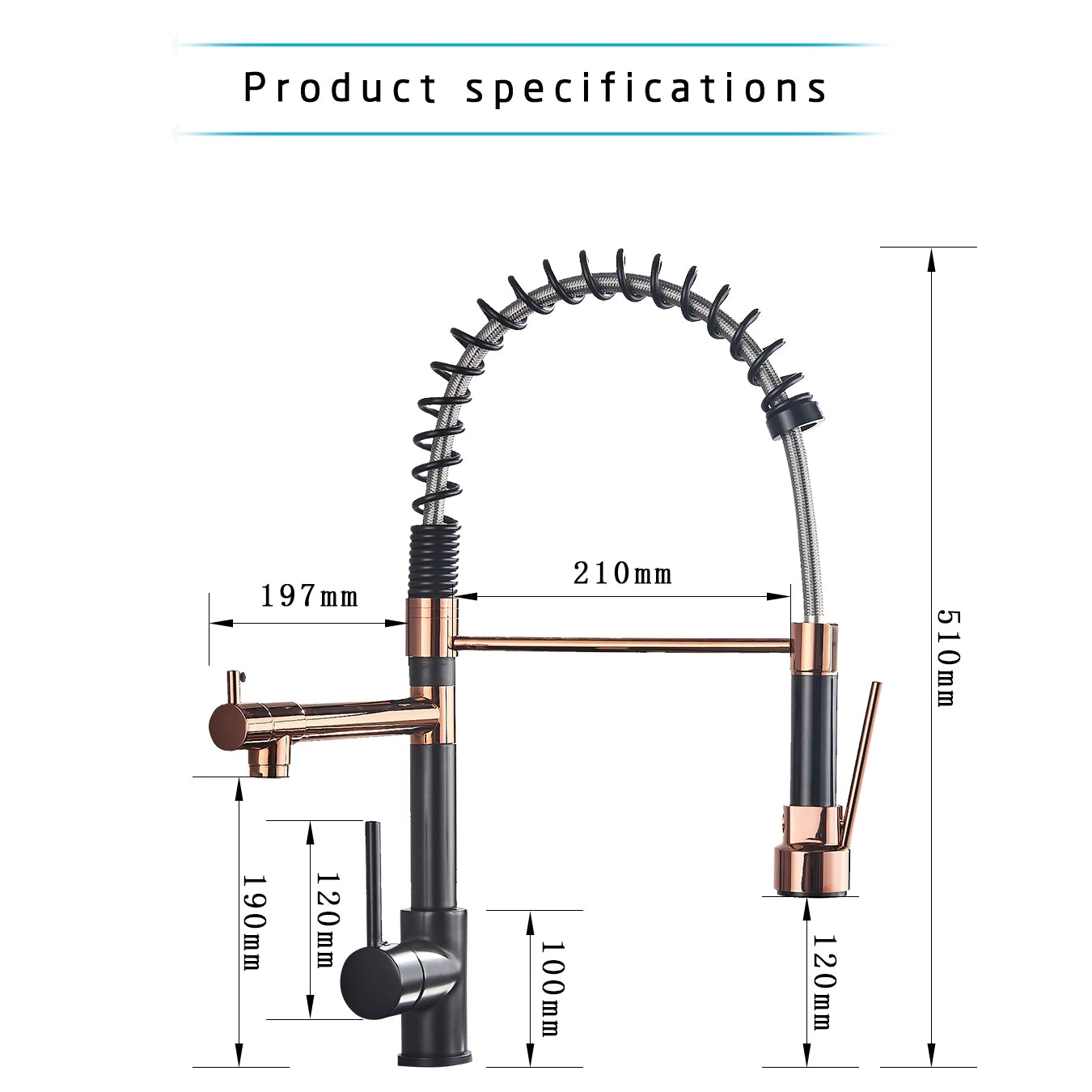 Black and Rose Golden Spring Pull Down Kitchen Sink Faucet, Dual Spout