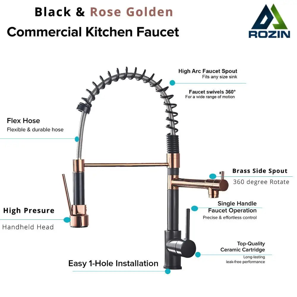 Black and Rose Golden Spring Pull Down Kitchen Sink Faucet, Dual Spout