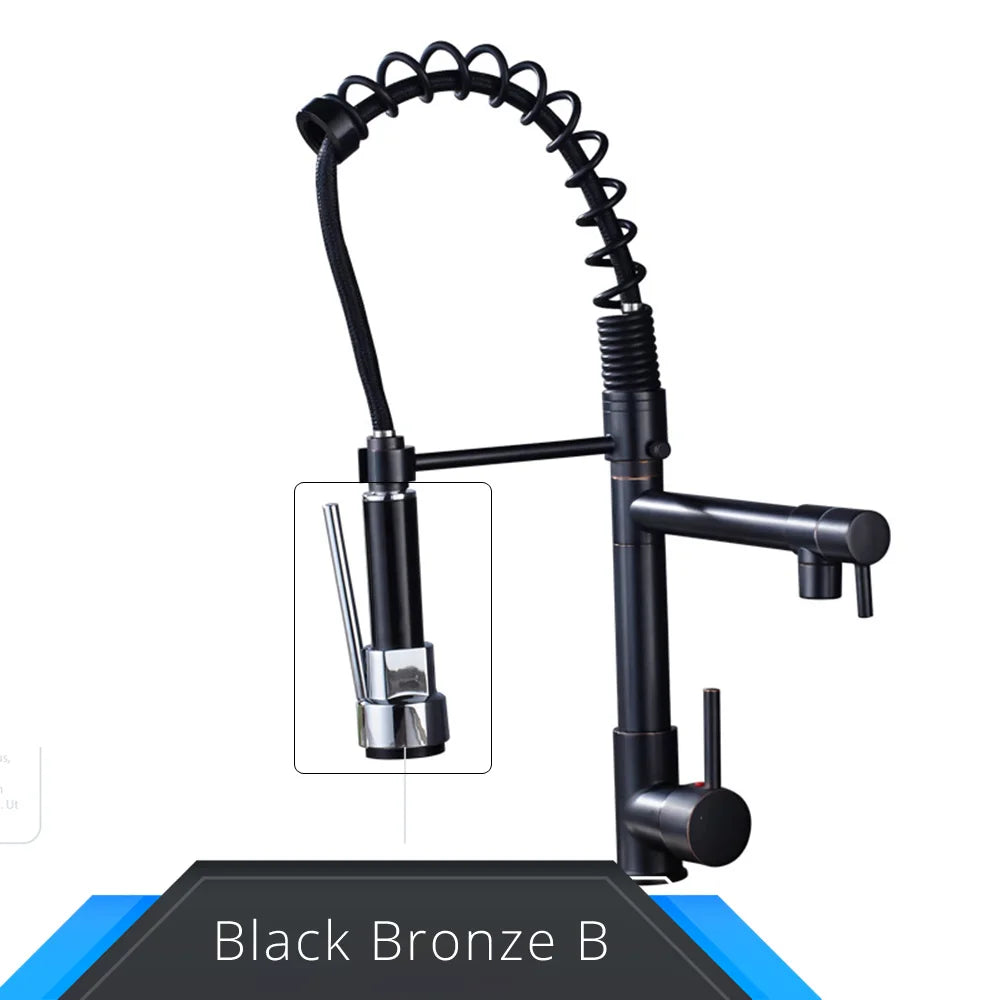 Black and Rose Golden Spring Pull Down Kitchen Sink Faucet, Dual Spout