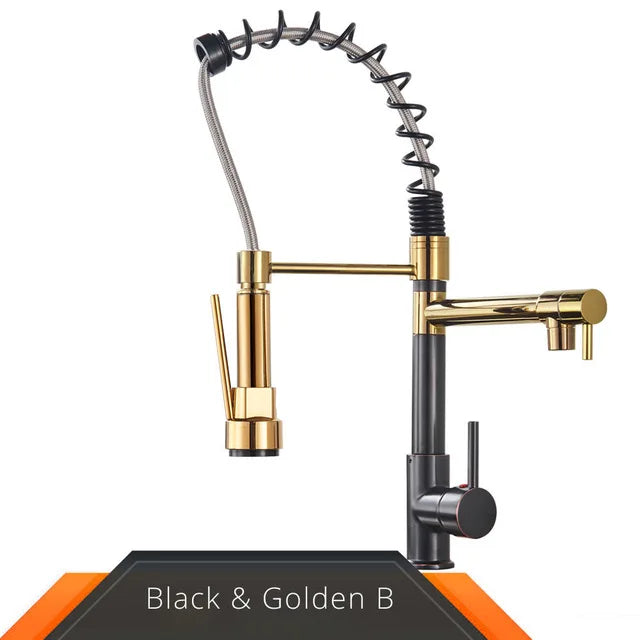 Black and Rose Golden Spring Pull Down Kitchen Sink Faucet, Dual Spout