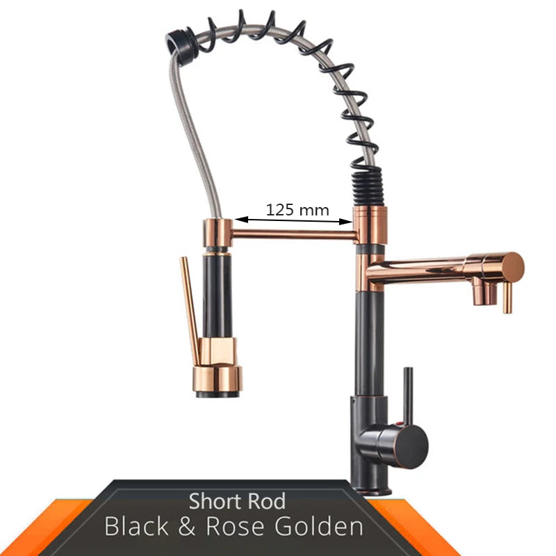 Black and Rose Golden Spring Pull Down Kitchen Sink Faucet, Dual Spout