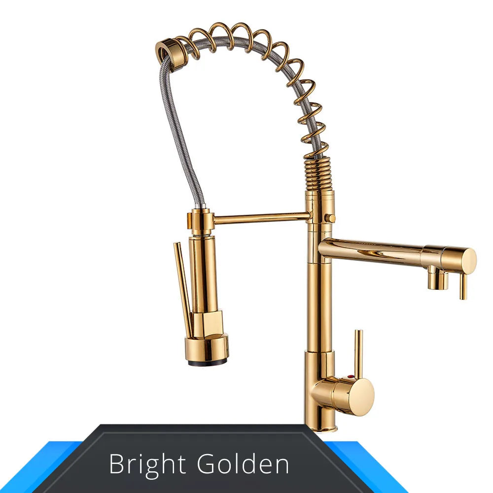 Black and Rose Golden Spring Pull Down Kitchen Sink Faucet, Dual Spout