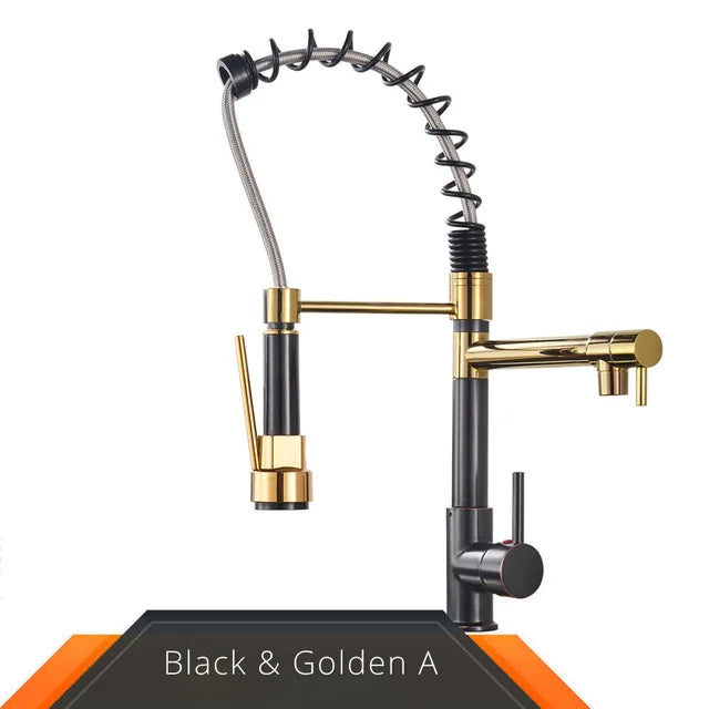 Black and Rose Golden Spring Pull Down Kitchen Sink Faucet, Dual Spout