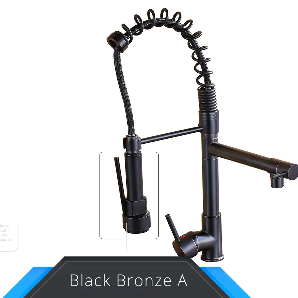 Black and Rose Golden Spring Pull Down Kitchen Sink Faucet, Dual Spout