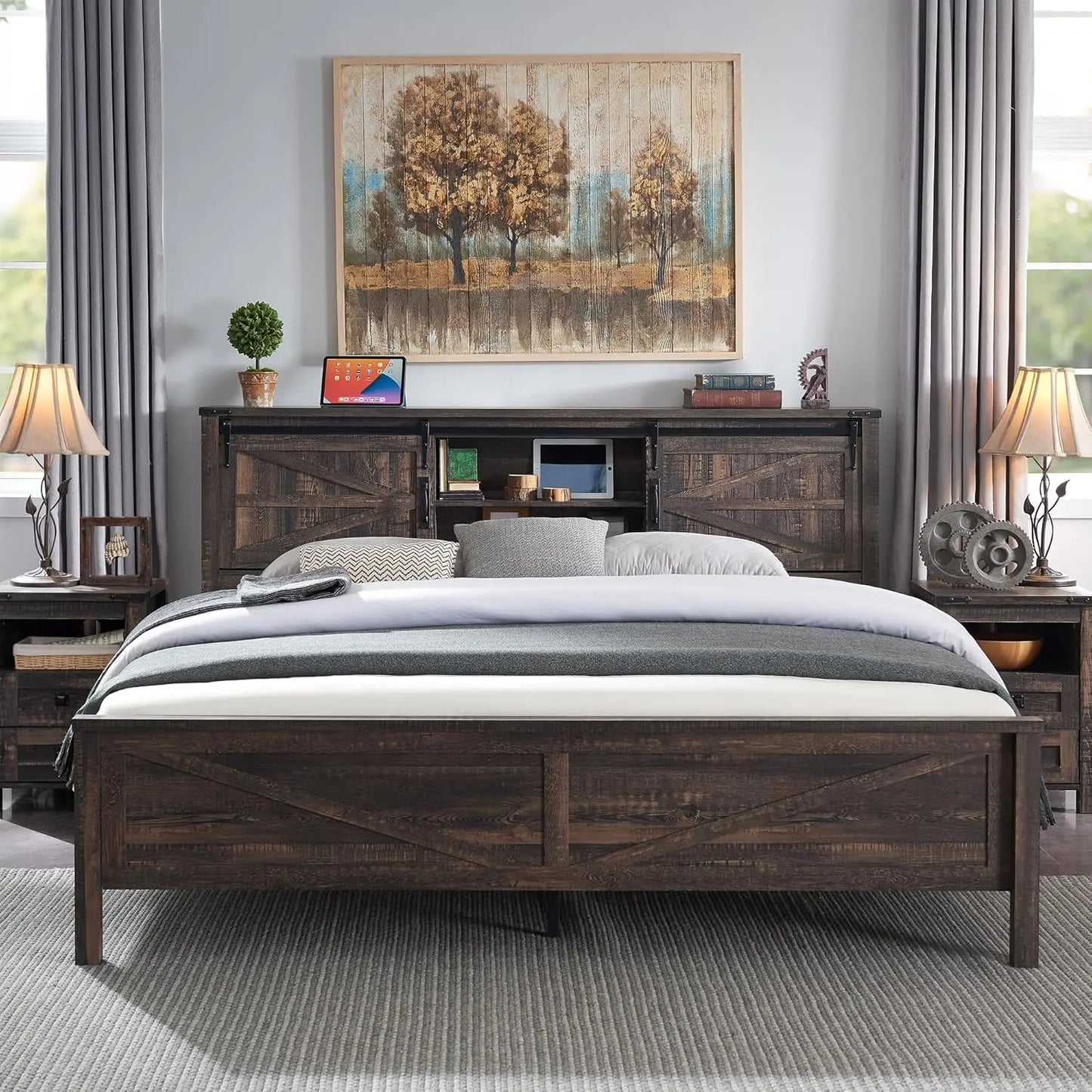 Farmhouse King Bed Frame w/Storage, Wooden Platform Bed