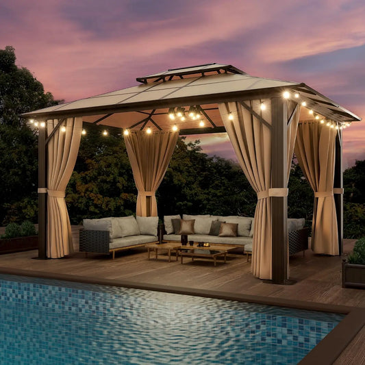 10'x12' Hardtop Double Roof Gazebo, Aluminum Frame Permanent Pavilion