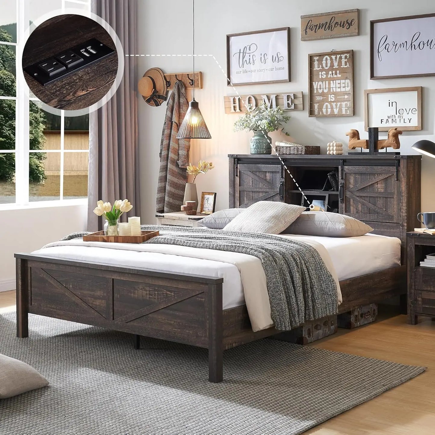 Farmhouse King Bed Frame w/Storage, Wooden Platform Bed
