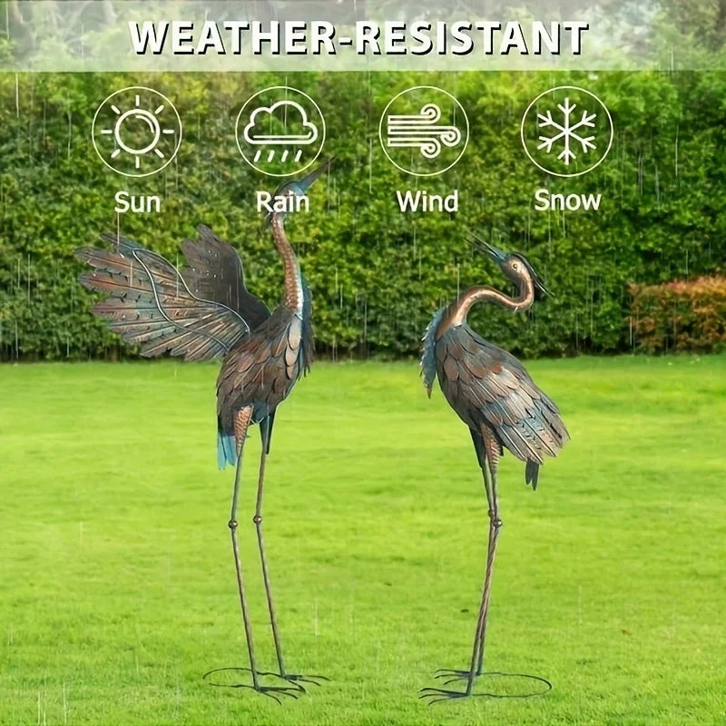 Rustic Metal Garden Crane Statues, Bird Sculptures