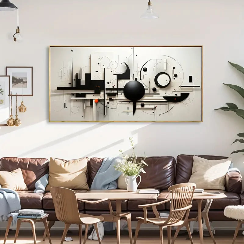 Modern Geometric Canvas Art Painting, Abstract Black & White Wall Decor