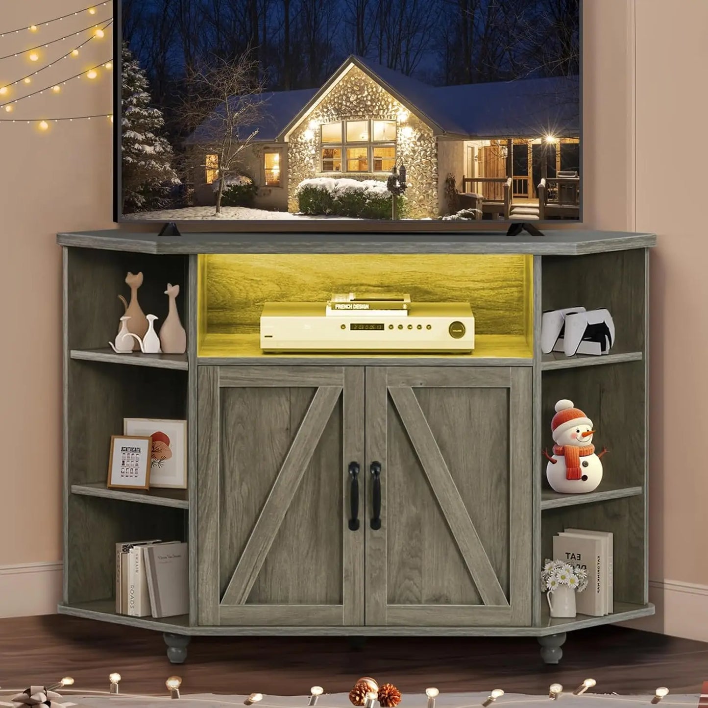 Farmhouse Corner TV Stand with LED Lights, Corner Entertainment Center