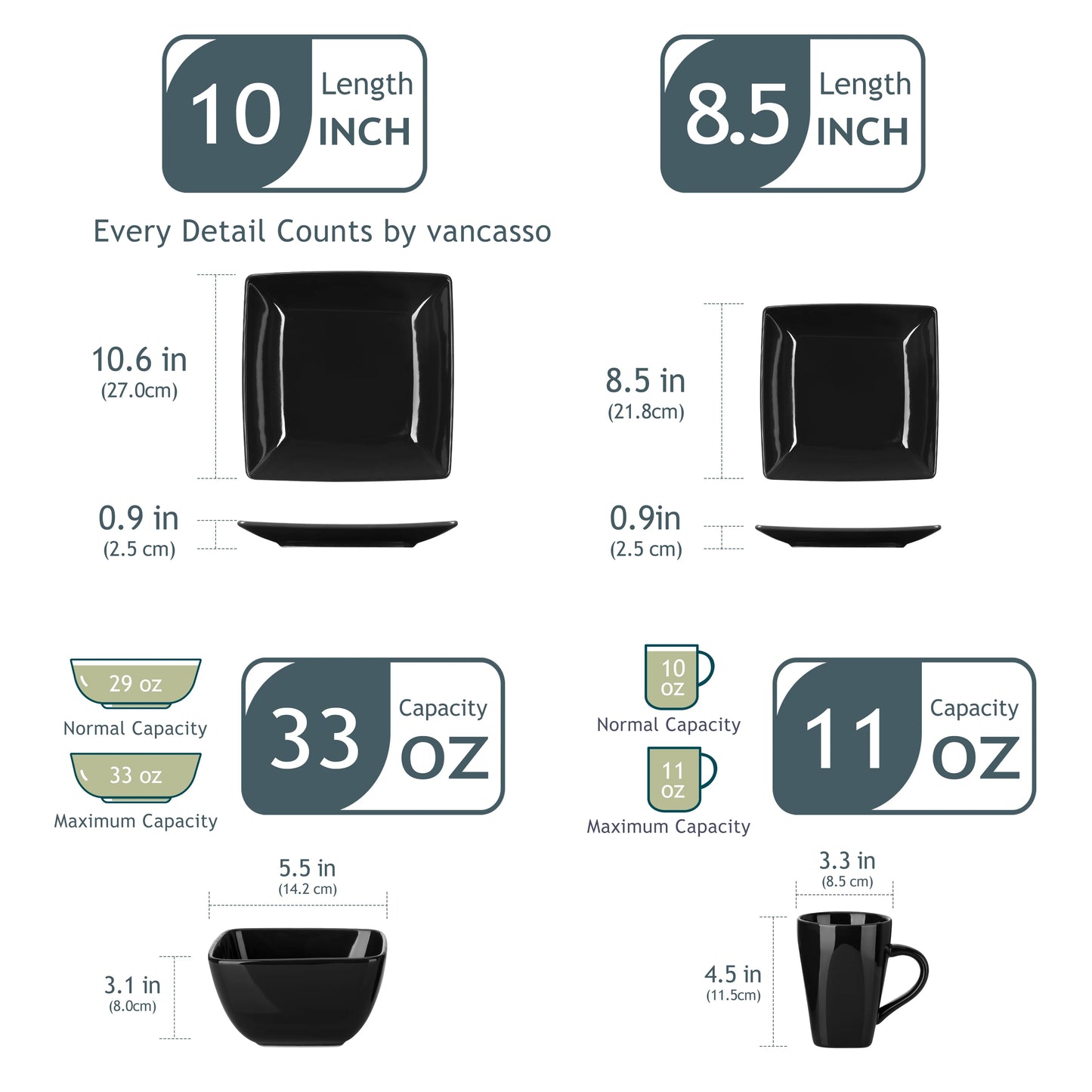 48-Piece Black Ceramic Porcelain Square Dinnerware Set