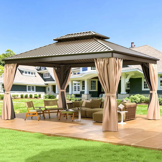 10x12 FT Hardtop Gazebo with Aluminum Frame, Galvanized Steel Double Roof