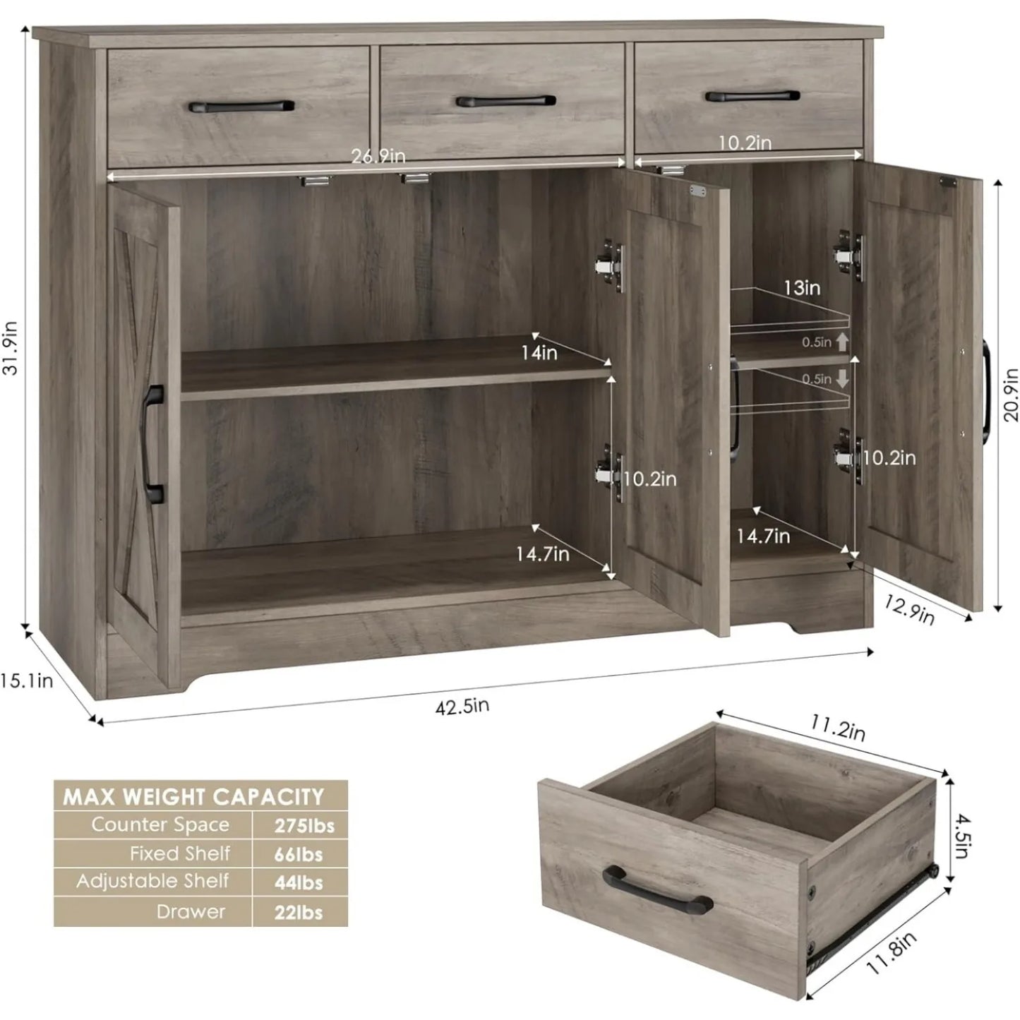 Modern Farmhouse Buffet Sideboard Cabinet, Barn Doors Storage