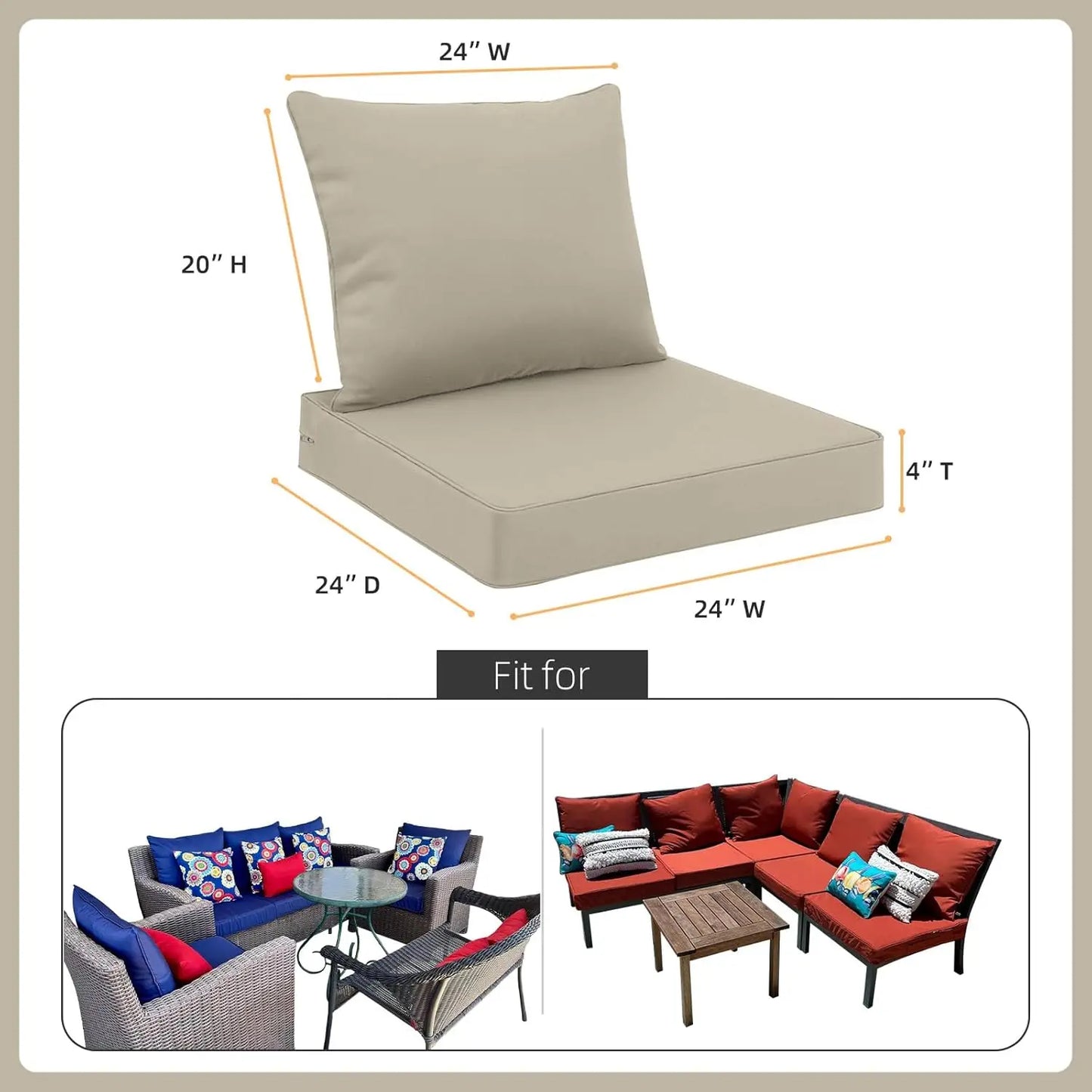 24 x 24 Inch Waterproof Cushions with Removable Cover Set