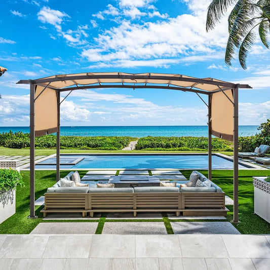 9' x 12' Outdoor Metal Pergola with Retractable Awning for Shade