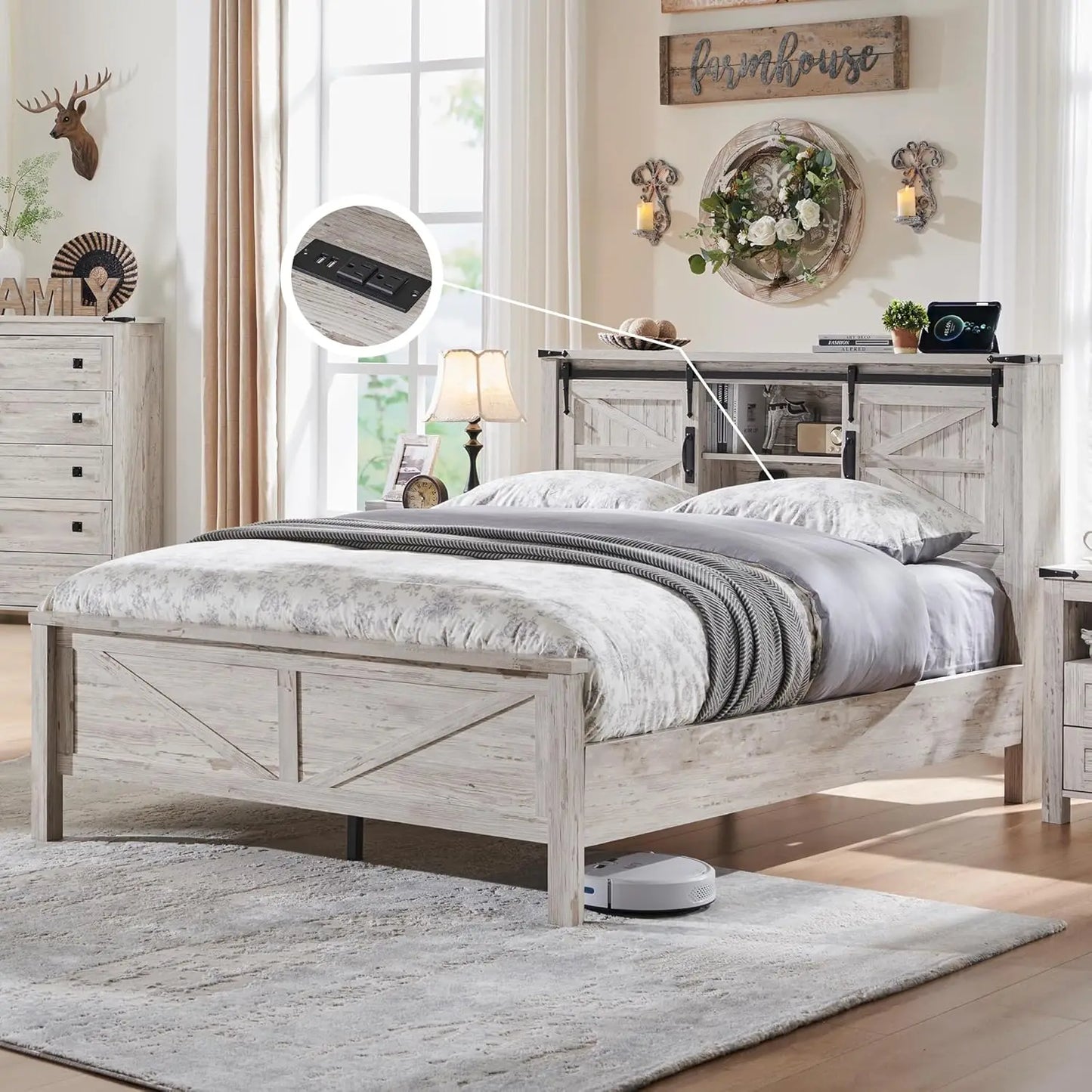 Farmhouse King Bed Frame w/Storage, Wooden Platform Bed
