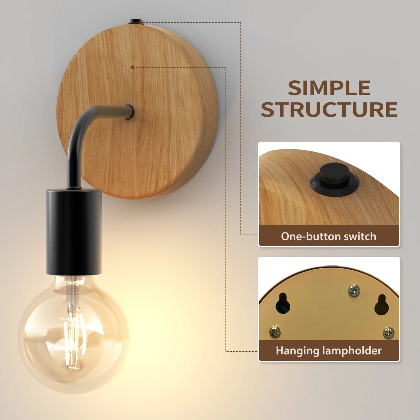 HYMELA AA Battery Operated Wall Lights, Cordless Light Fixtures, Wooden Wall Sconce